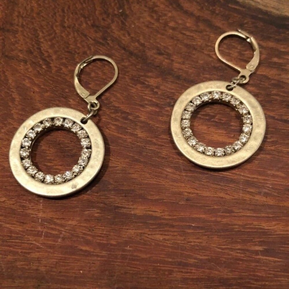 Round Rhinestone Dangle Earrings Gold Tone